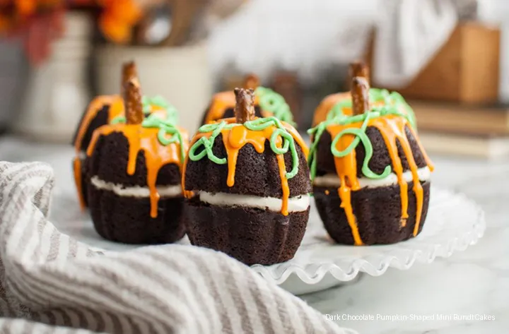 Dark Chocolate Pumpkin-Shaped Mini Bundt Cakes