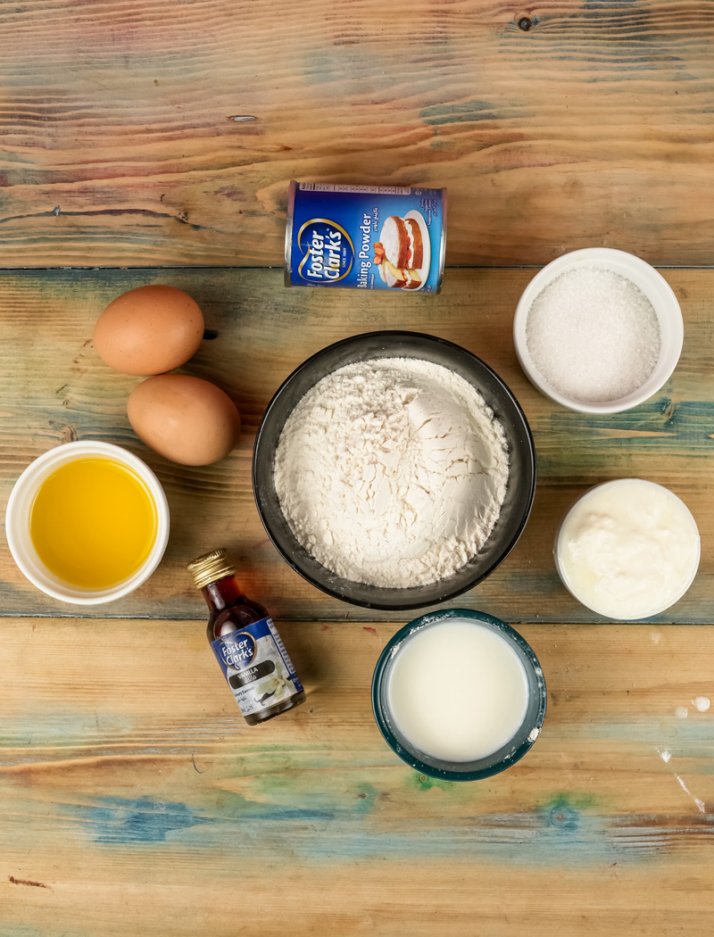 Coffee cake muffin ingredients including flour, eggs, and baking powder.