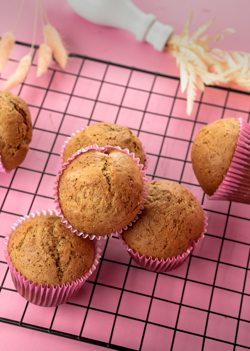 Homemade banana muffins with decorative pampas grass