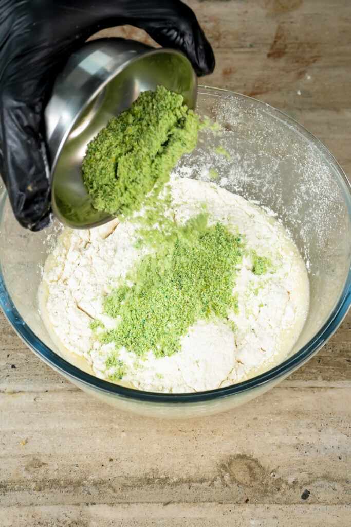Incorporating pistachio powder into muffin batter