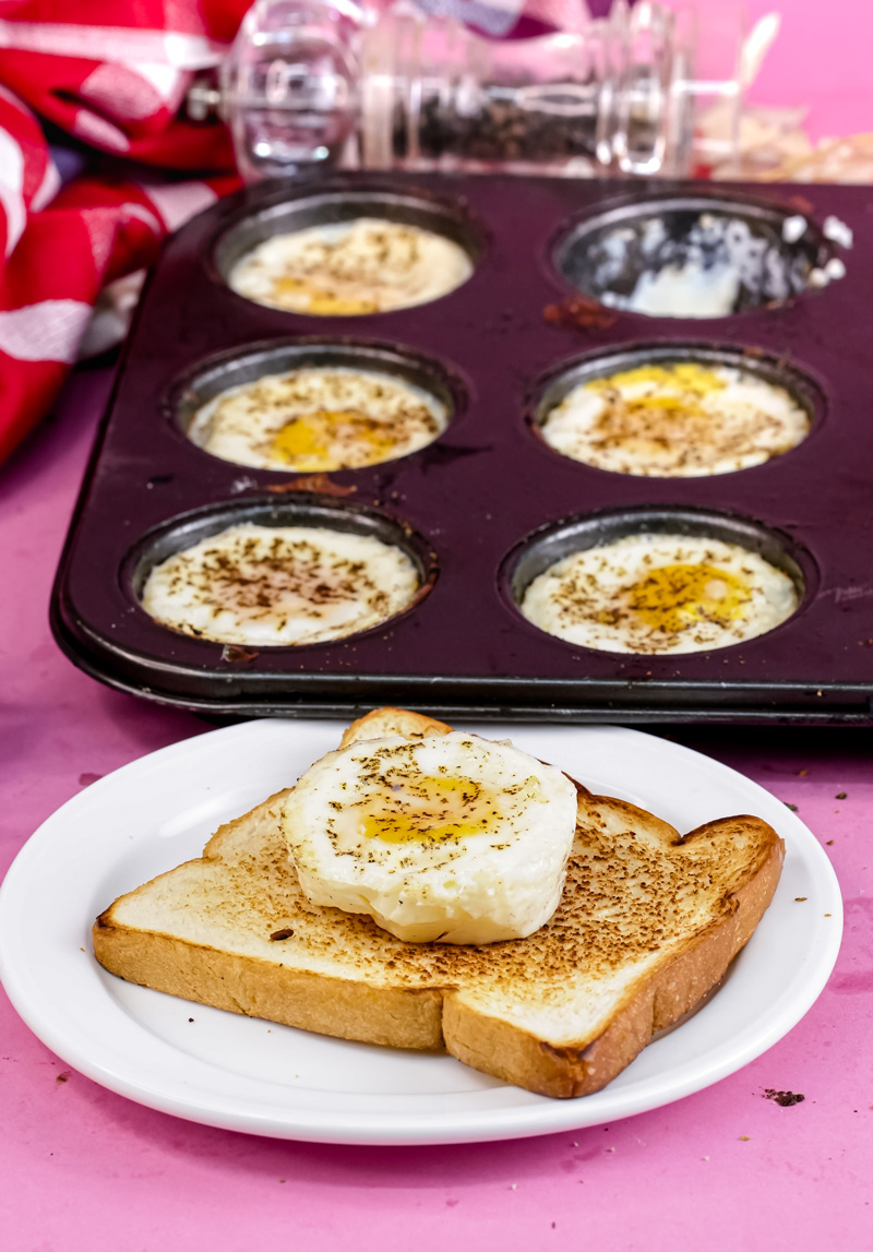 Muffin tin egg cups with one served on toast