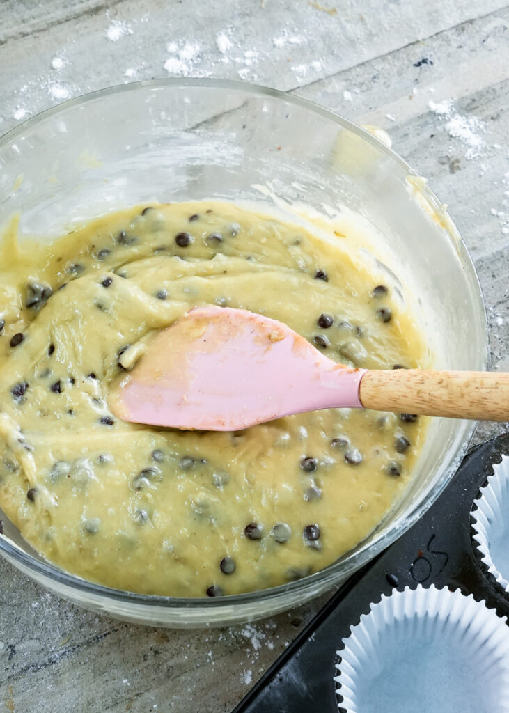 Well-mixed banana chocolate chip muffin batter