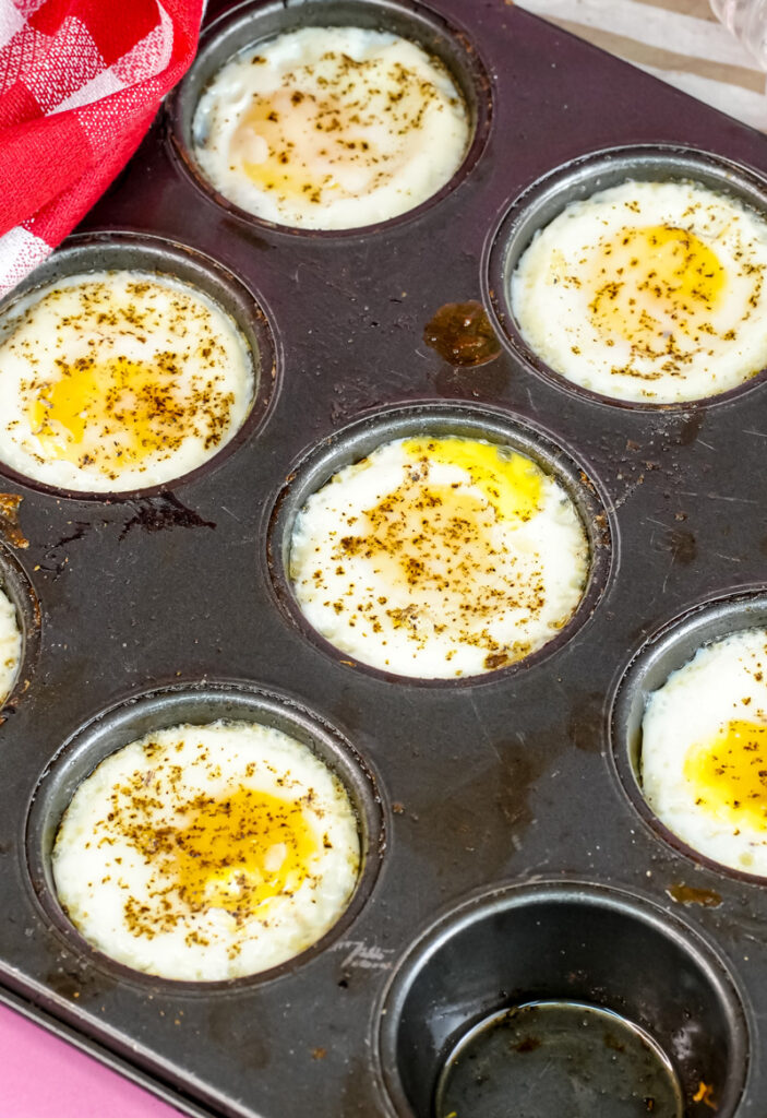 Close-up of baked egg cups in muffin tin