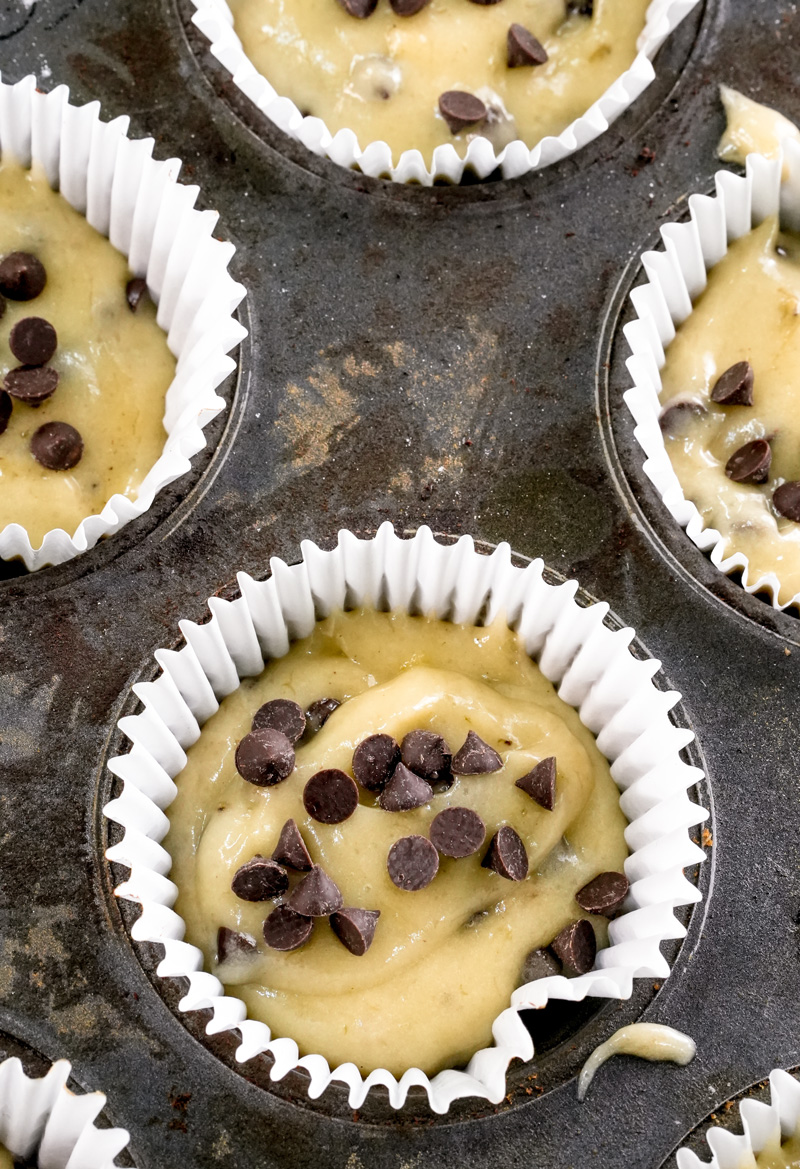 Close-up of banana chocolate chip muffin batter with visible chocolate chips