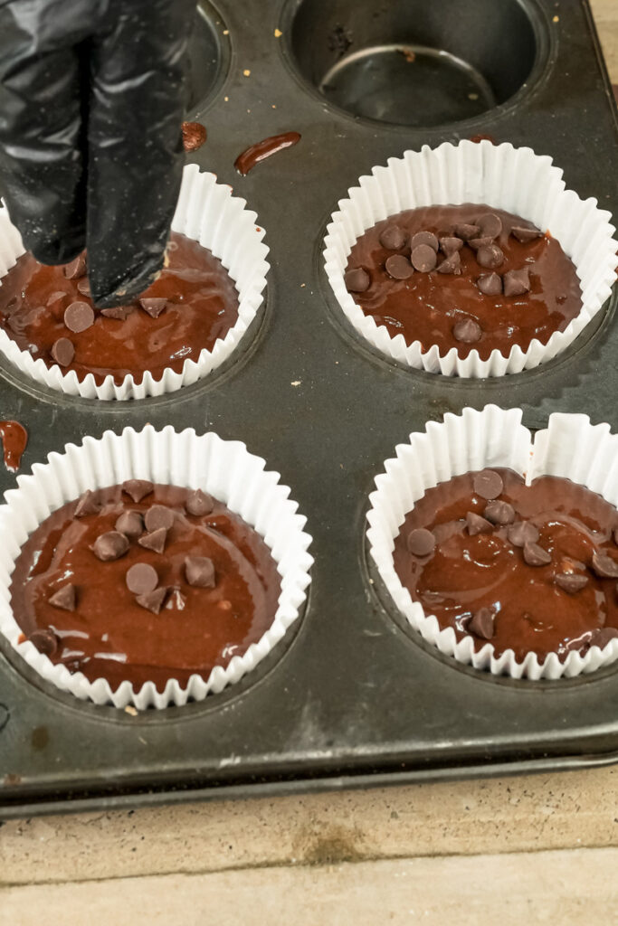 Unbaked double chocolate muffins topped with chocolate chips