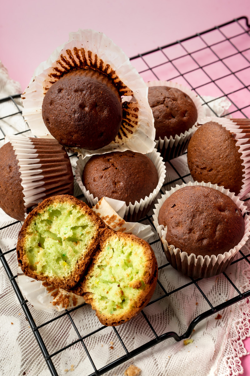 Close-up of chocolate pistachio muffins on wire cooling rack