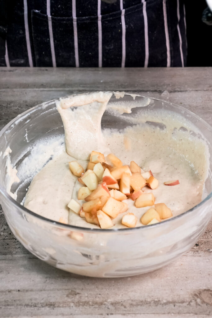 Adding diced apples to pancake batter