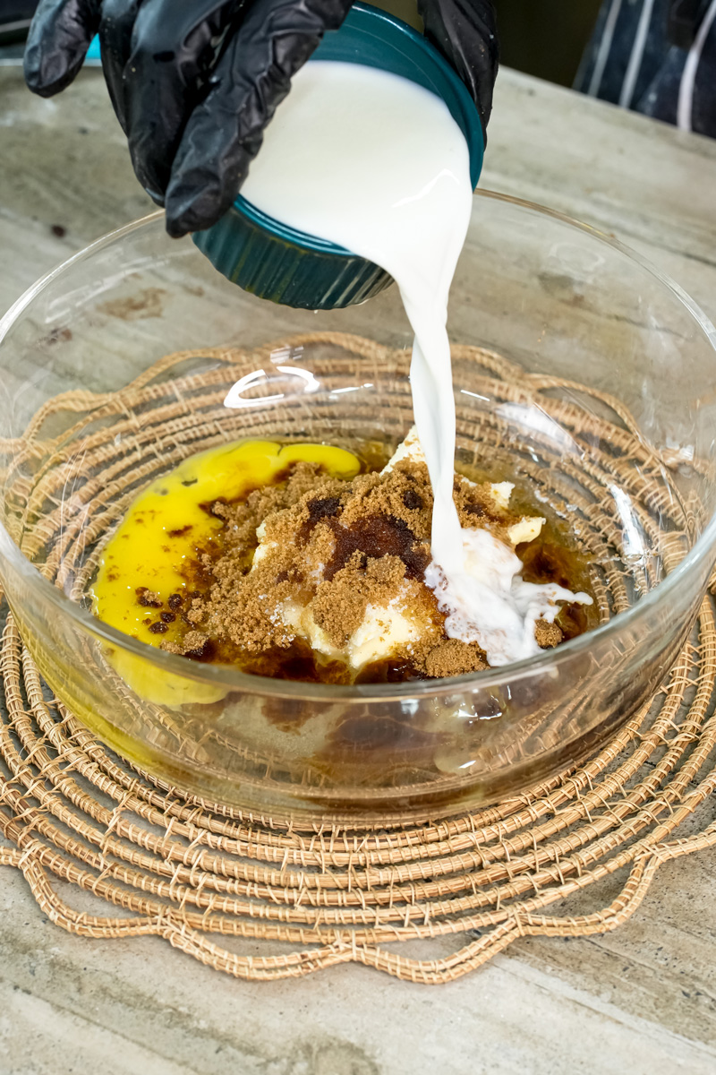 Adding milk to mini chocolate chip muffin wet ingredients