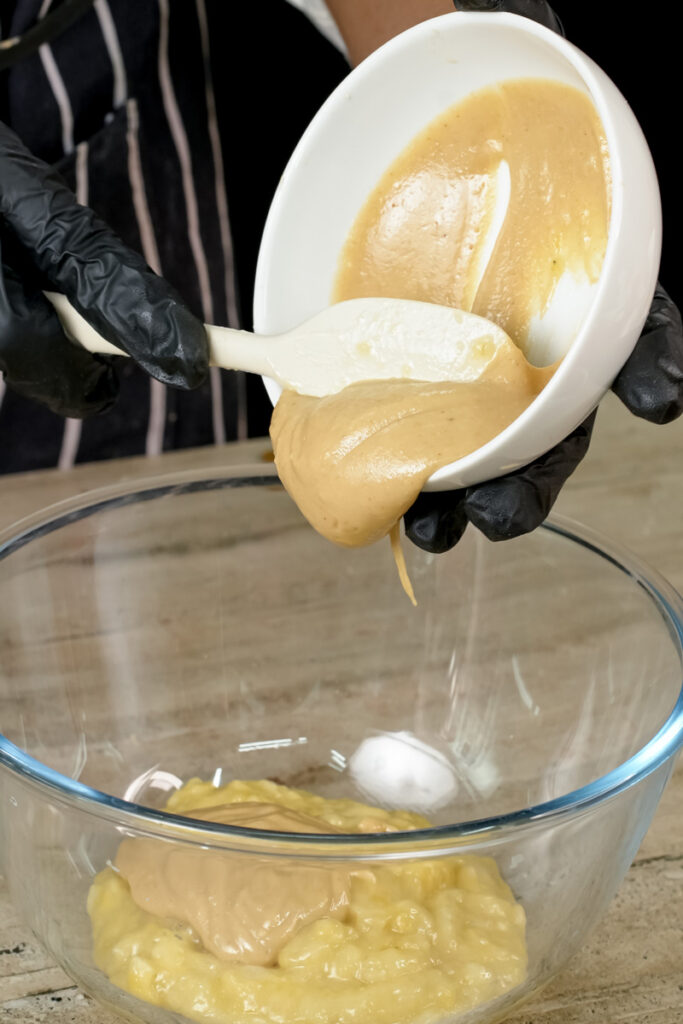 Adding peanut butter mixture to banana mixture