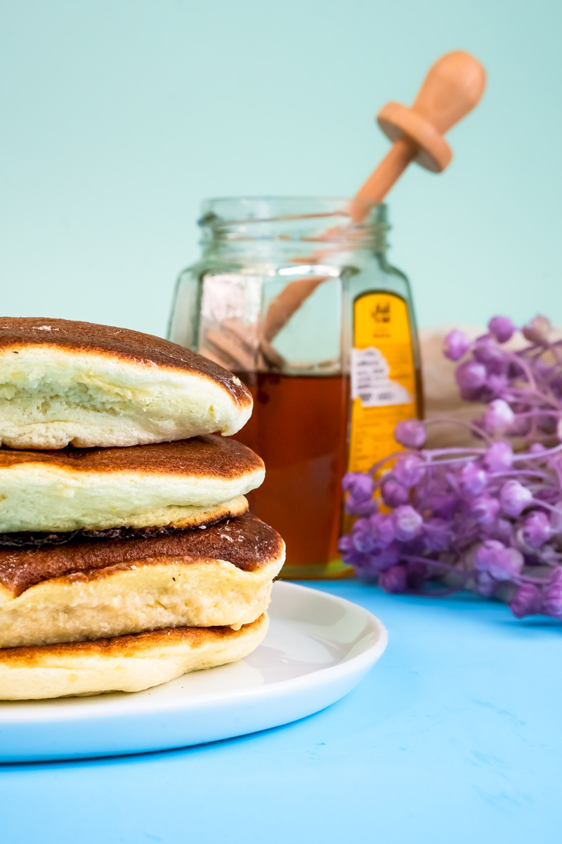 Close-up of fluffy Japanese pancake stack showing thickness