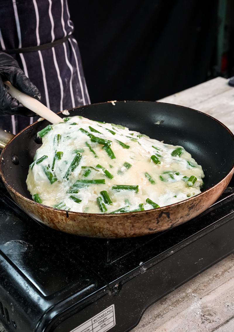 Cooking Korean pancake batter in non-stick pan