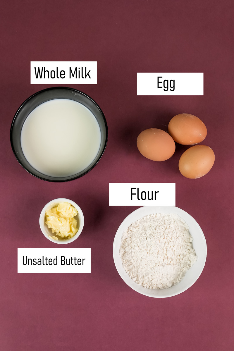 Dutch baby pancake ingredients: milk, eggs, flour, butter