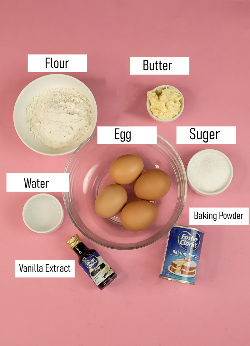 Japanese pancake ingredients - flour, eggs, butter, sugar, vanilla, baking powder
