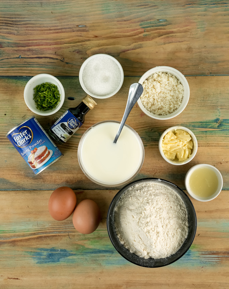 Lemon ricotta pancake ingredients including eggs, flour, ricotta cheese, and baking powder