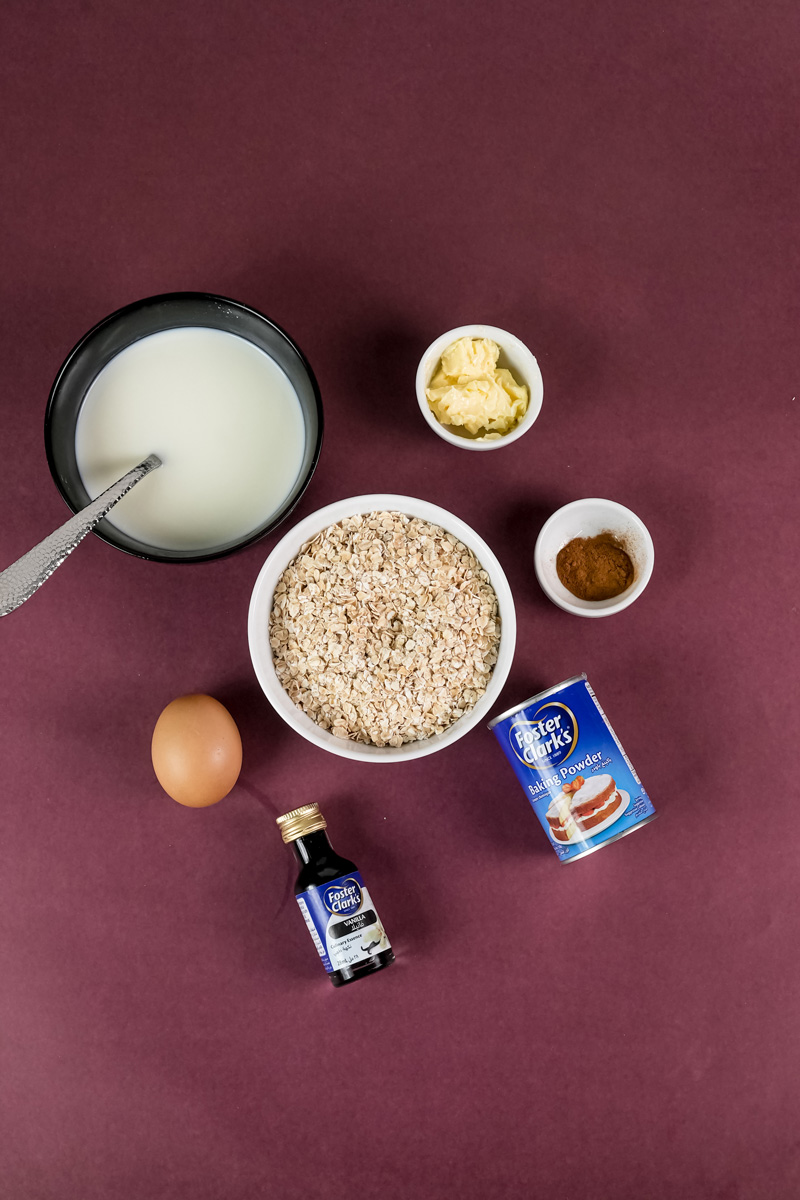 Oat pancake recipe ingredients - milk, oats, egg, butter, baking powder, vanilla