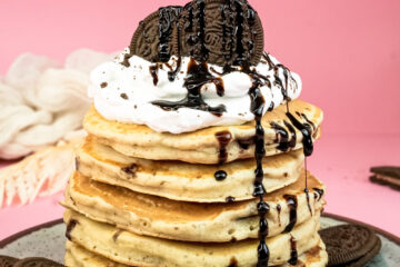 Final Oreo pancakes with generous chocolate syrup and crushed cookie topping