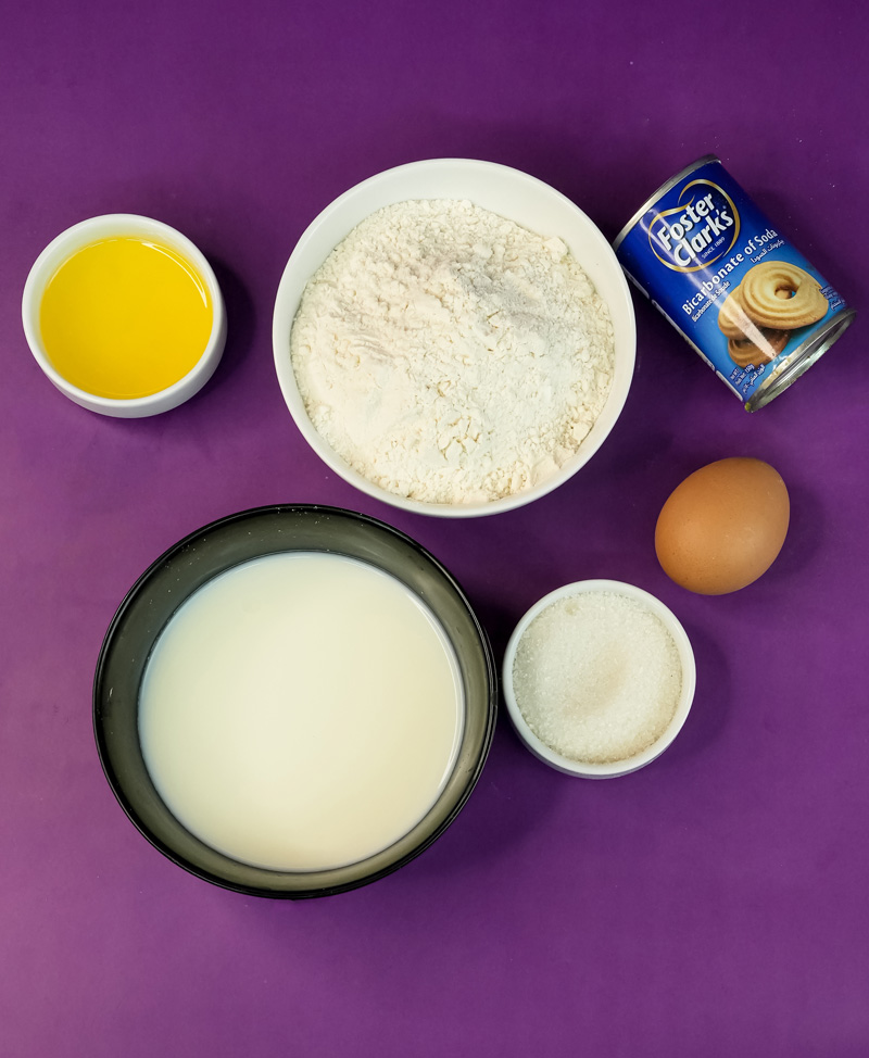 Pancake roll ingredients: flour, milk, egg, butter, sugar, and baking powder