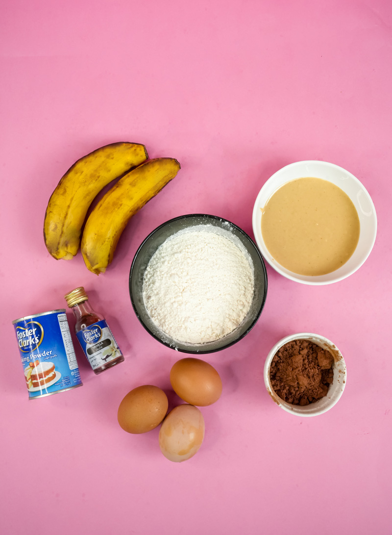Peanut butter banana muffin ingredients: bananas, flour, eggs, cocoa powder