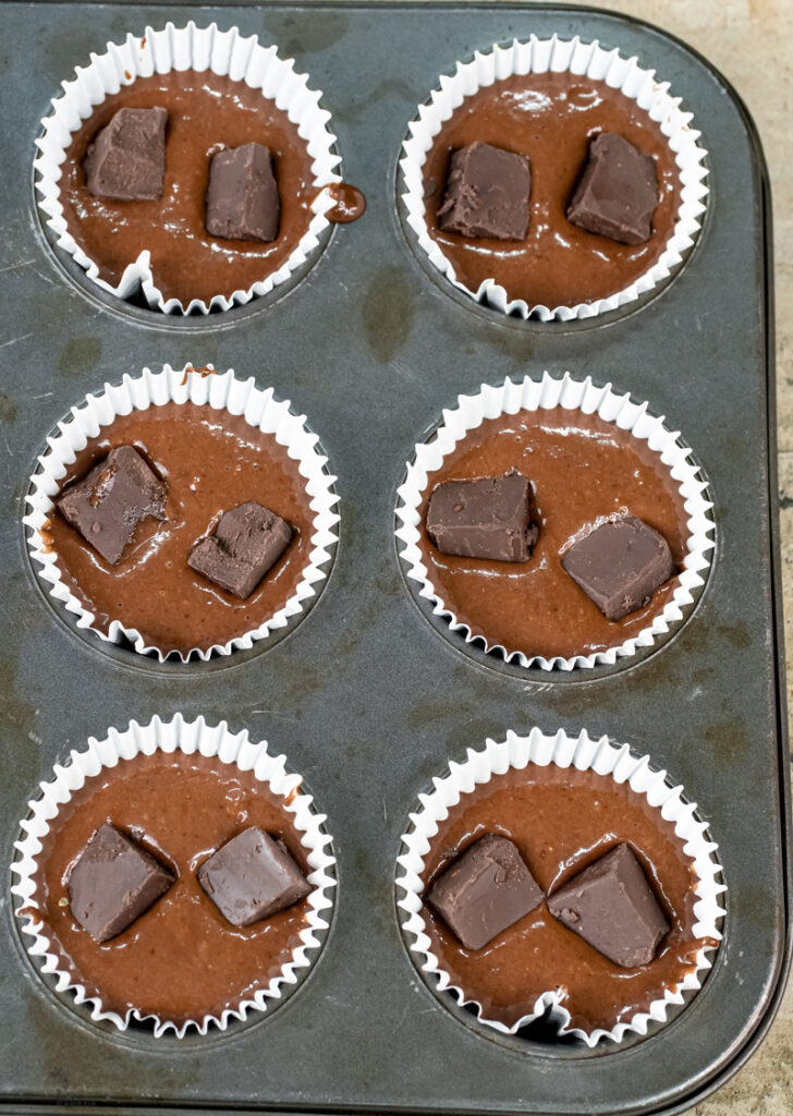 Raw peanut butter banana muffin batter with chocolate chunks