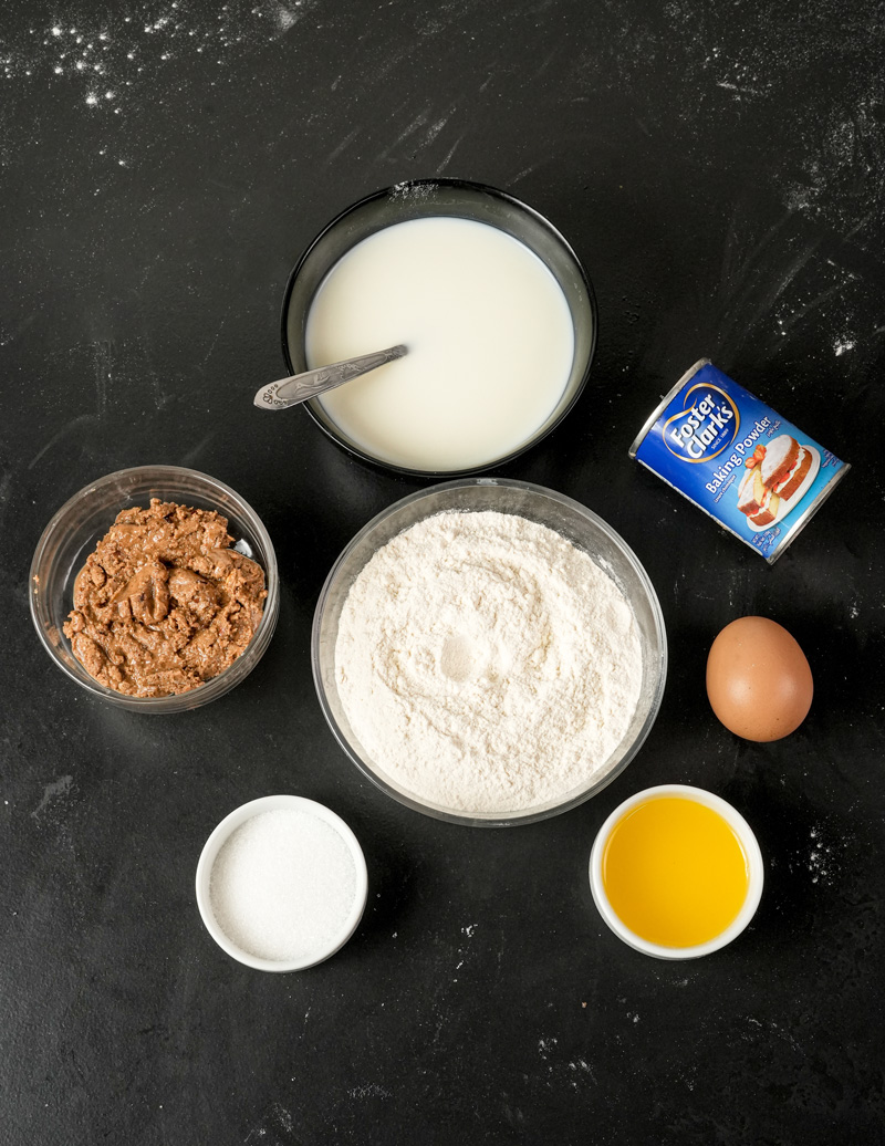 Peanut butter pancake ingredients including flour, milk, egg and baking powder