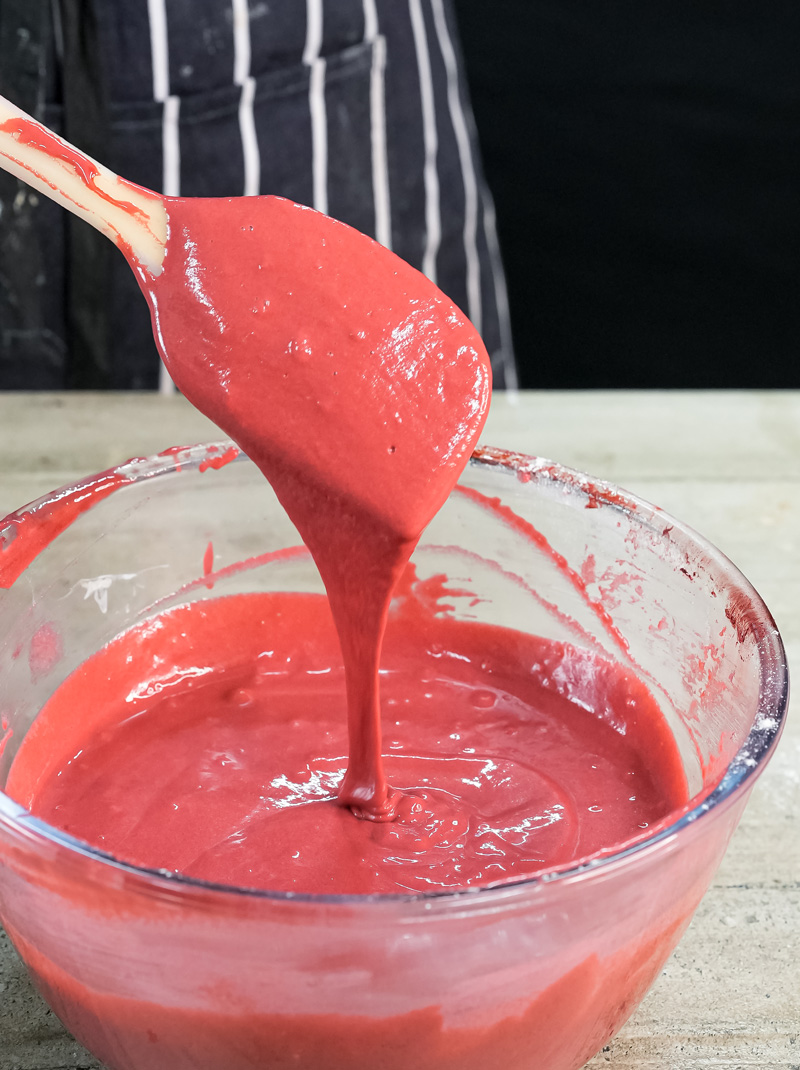 Smooth red velvet pancake batter ready for cooking