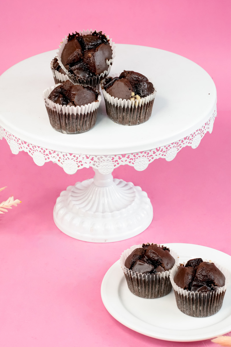 Peanut butter banana muffins on elegant cake stand