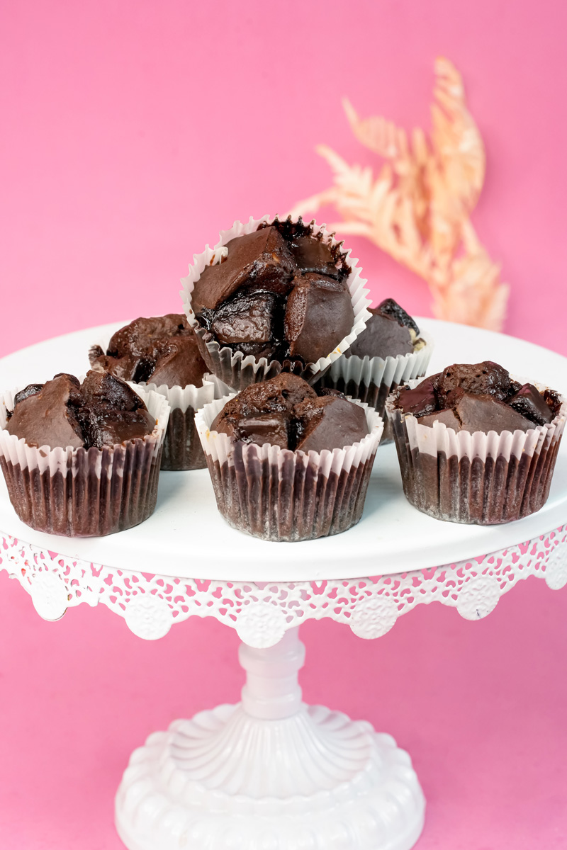 Close-up of peanut butter banana muffins with chocolate chunks